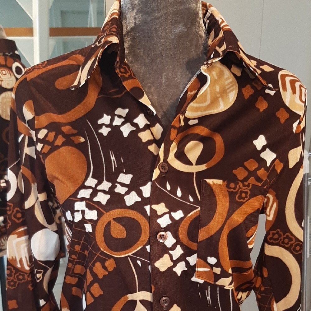 70's☮PAULO CONTI "Mod"VINTAGE Rust & Brown Printed Button-Down MEN'S Shirt Sz M - Picture 3 of 10